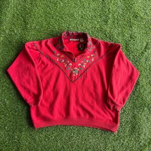 90S RED FLOWER PLAID QUARTERZIP S